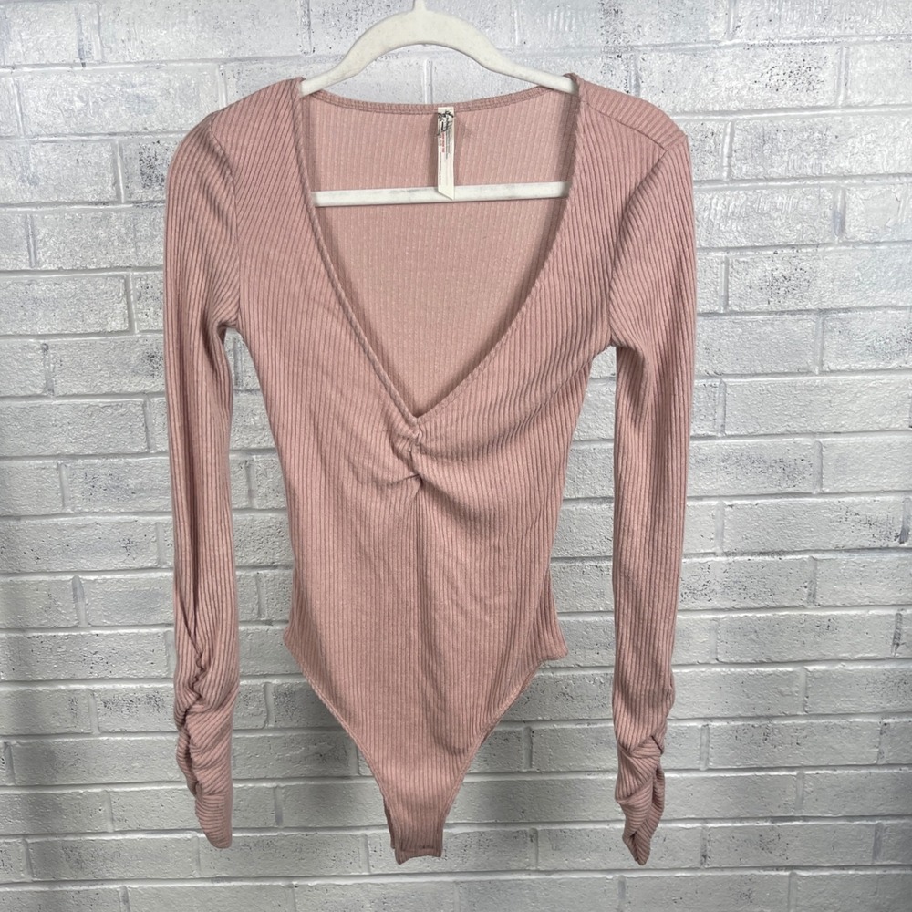 Intimately Free People Cozy Up With Me Bodysuit Womens S Pink Ruched Ribbed